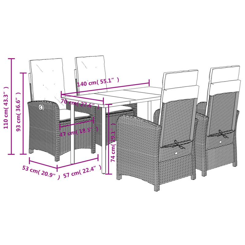 vidaXL 5 Piece Garden Dining Set with Cushions Grey Poly Rattan