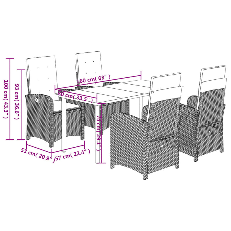 vidaXL 5 Piece Garden Dining Set with Cushions Grey Poly Rattan