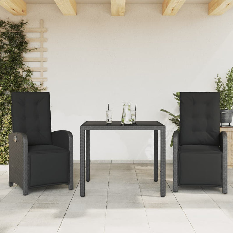 3 Piece Bistro Set with Cushions Black Poly Rattan