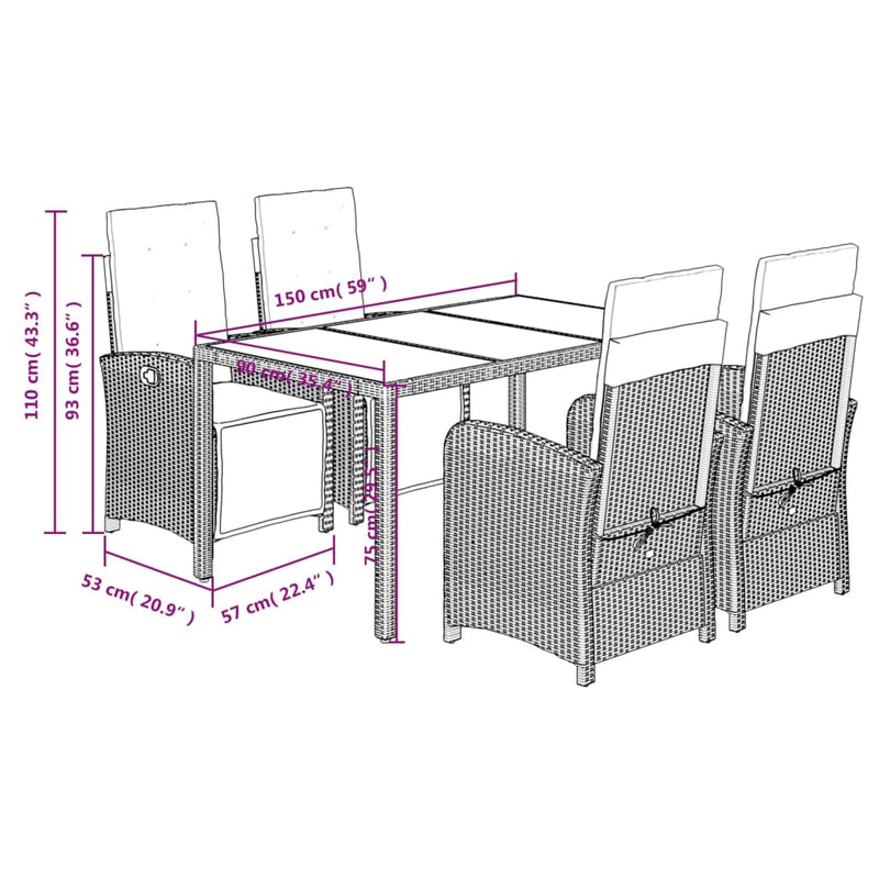 vidaXL 5 Piece Garden Dining Set with Cushions Black Poly Rattan