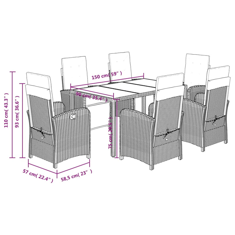 vidaXL 7 Piece Garden Dining Set with Cushions Black Poly Rattan