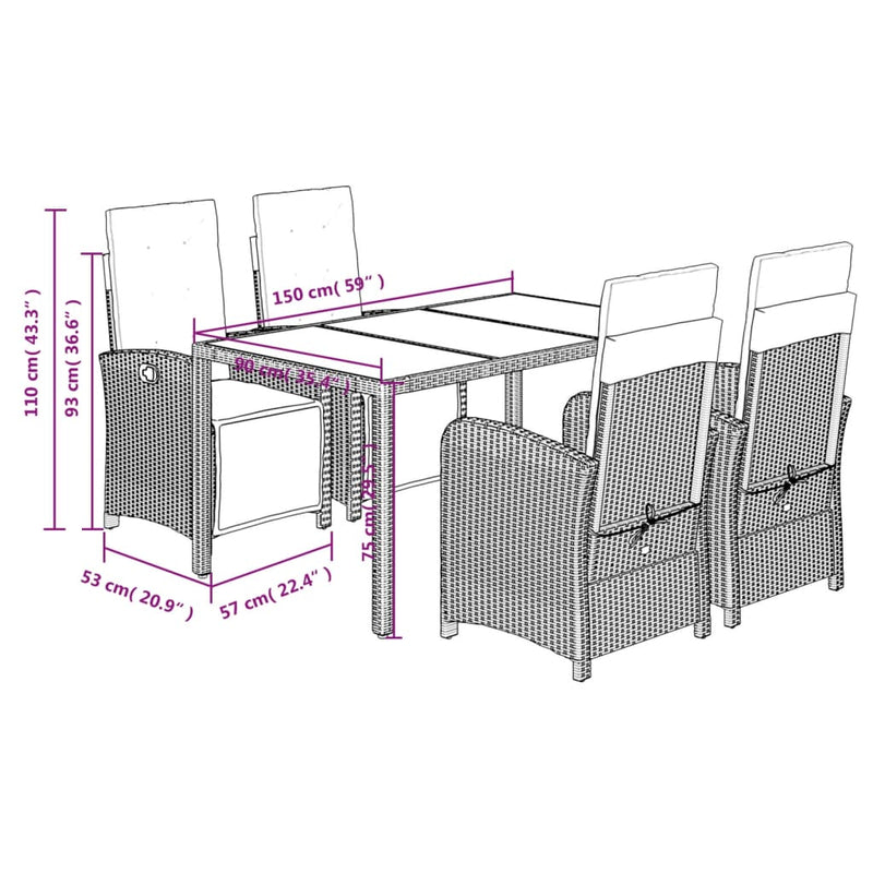 vidaXL 5 Piece Garden Dining Set with Cushions Grey Poly Rattan