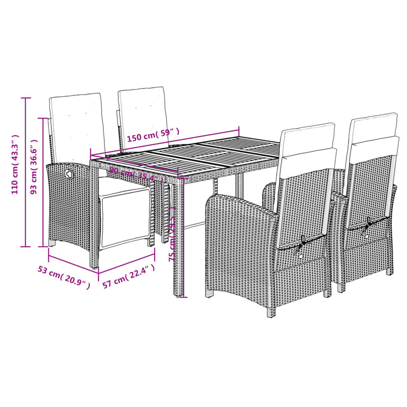 vidaXL 5 Piece Garden Dining Set with Cushions Grey Poly Rattan