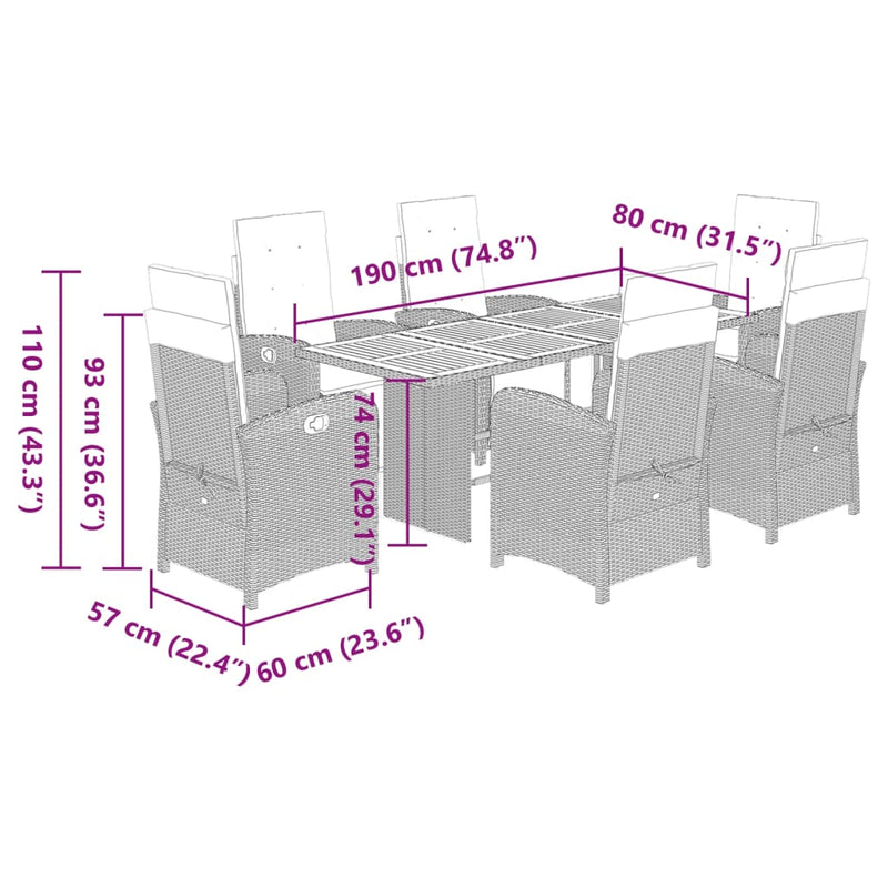 vidaXL 7 Piece Garden Dining Set with Cushions Black Poly Rattan