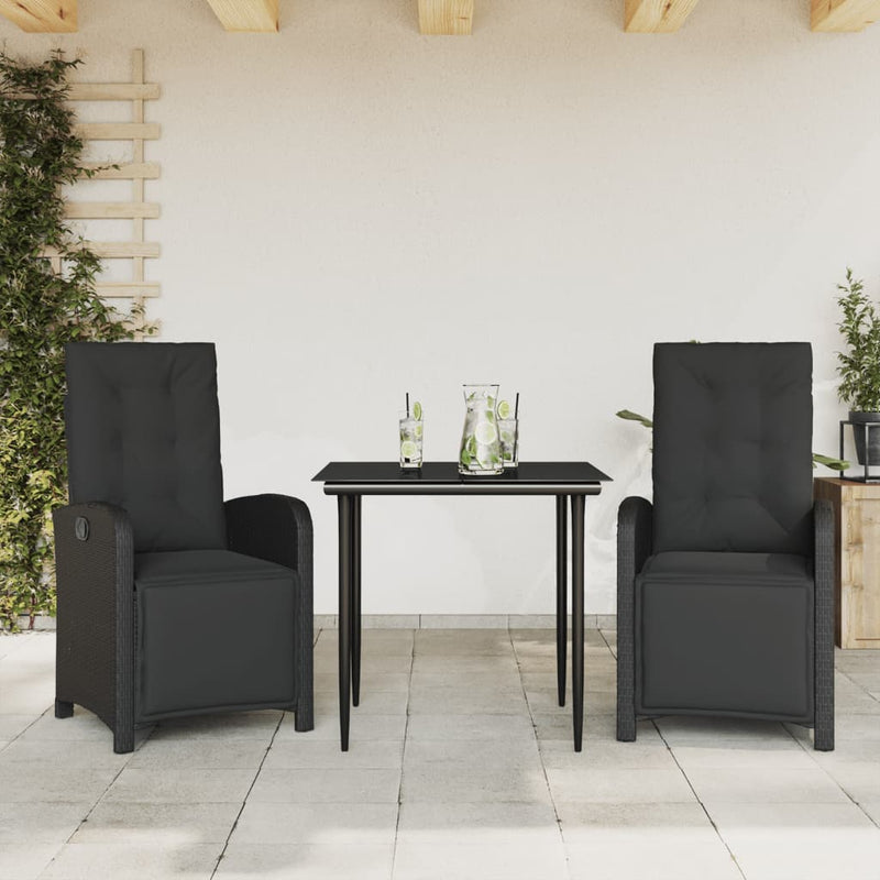 3 Piece Bistro Set with Cushions Black Poly Rattan