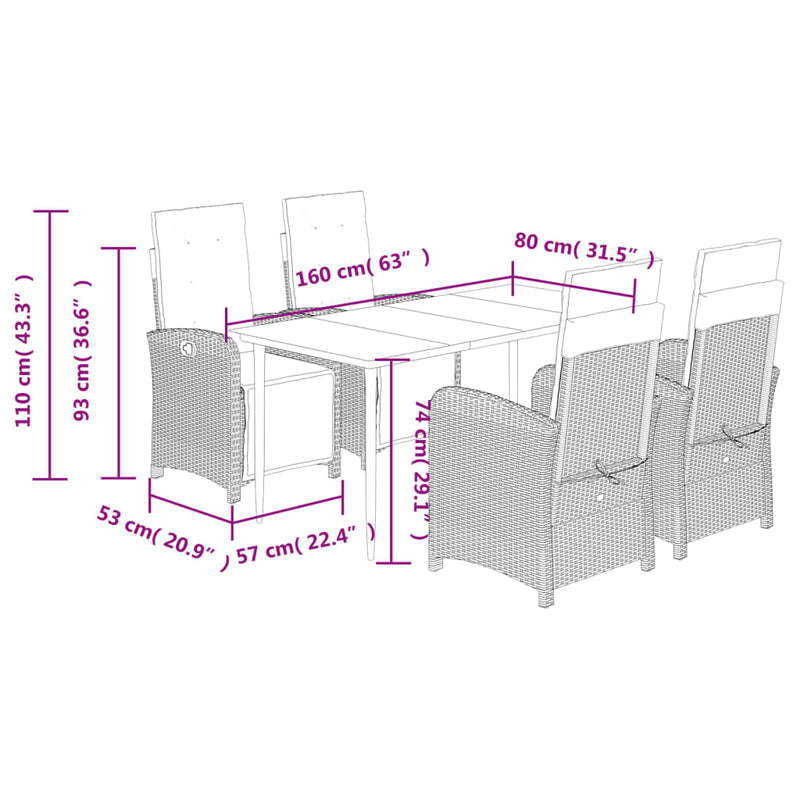 vidaXL 5 Piece Garden Dining Set with Cushions Grey Poly Rattan