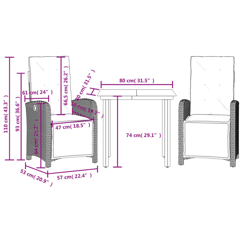 3 Piece Bistro Set with Cushions Grey Poly Rattan