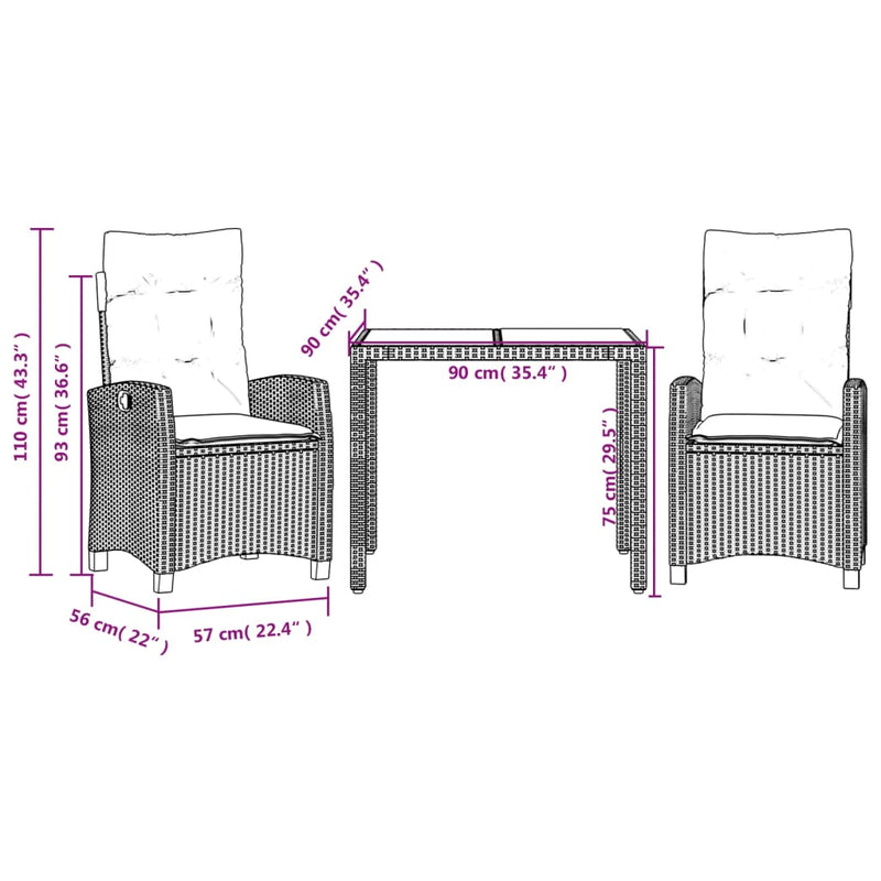 vidaXL 3 Piece Garden Dining Set with Cushions Black Poly Rattan