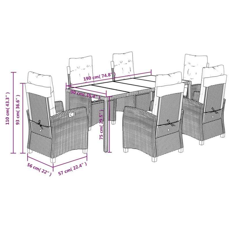 vidaXL 7 Piece Garden Dining Set with Cushions Black Poly Rattan