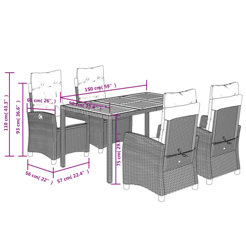 vidaXL 5 Piece Garden Dining Set with Cushions Black Poly Rattan