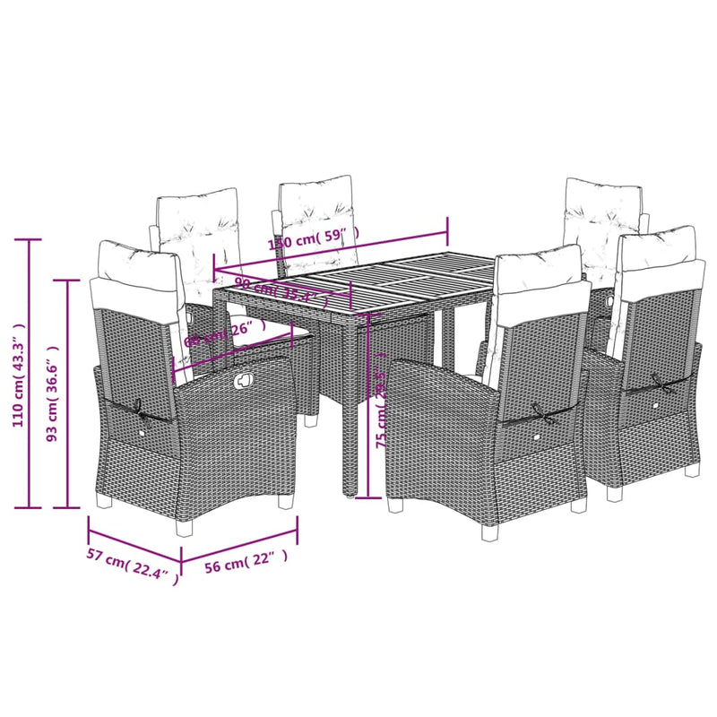 vidaXL 7 Piece Garden Dining Set with Cushions Black Poly Rattan