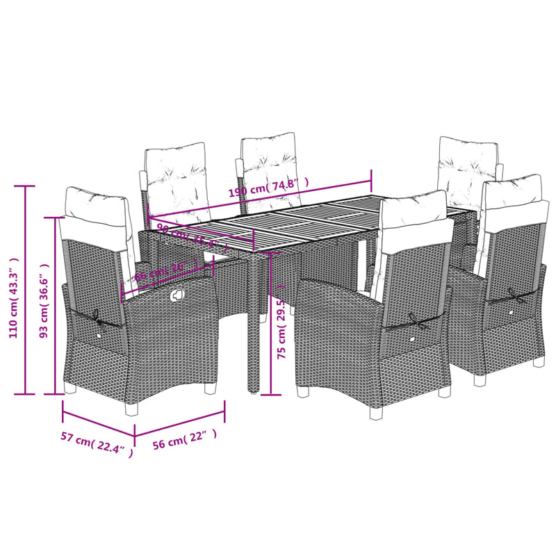 vidaXL 7 Piece Garden Dining Set with Cushions Black Poly Rattan