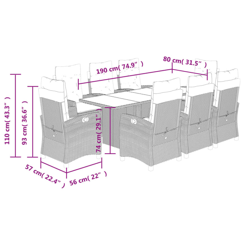 vidaXL 9 Piece Garden Dining Set with Cushions Black Poly Rattan