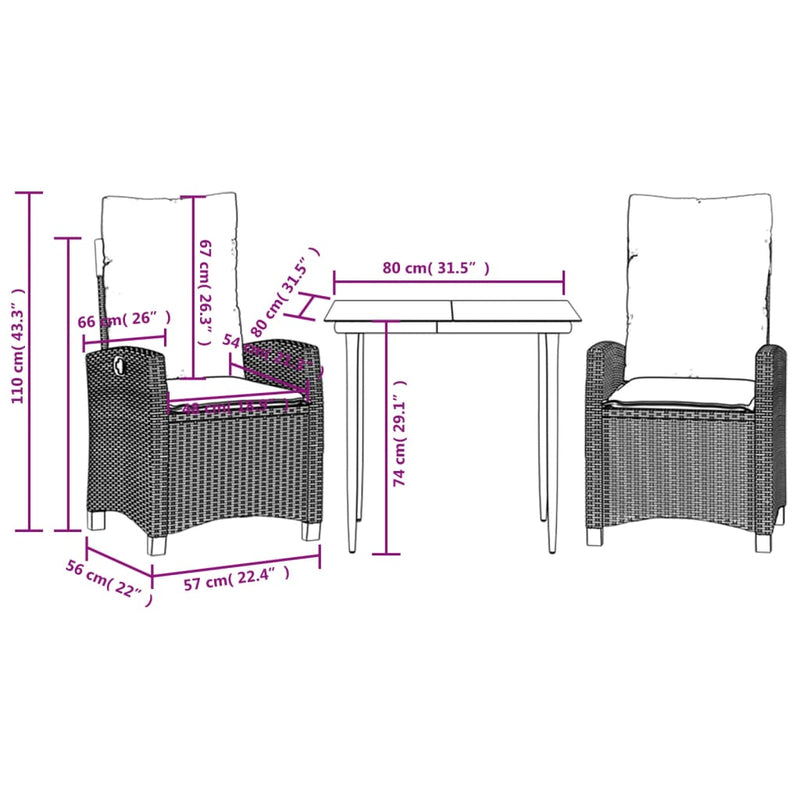 vidaXL 3 Piece Garden Dining Set with Cushions Black Poly Rattan