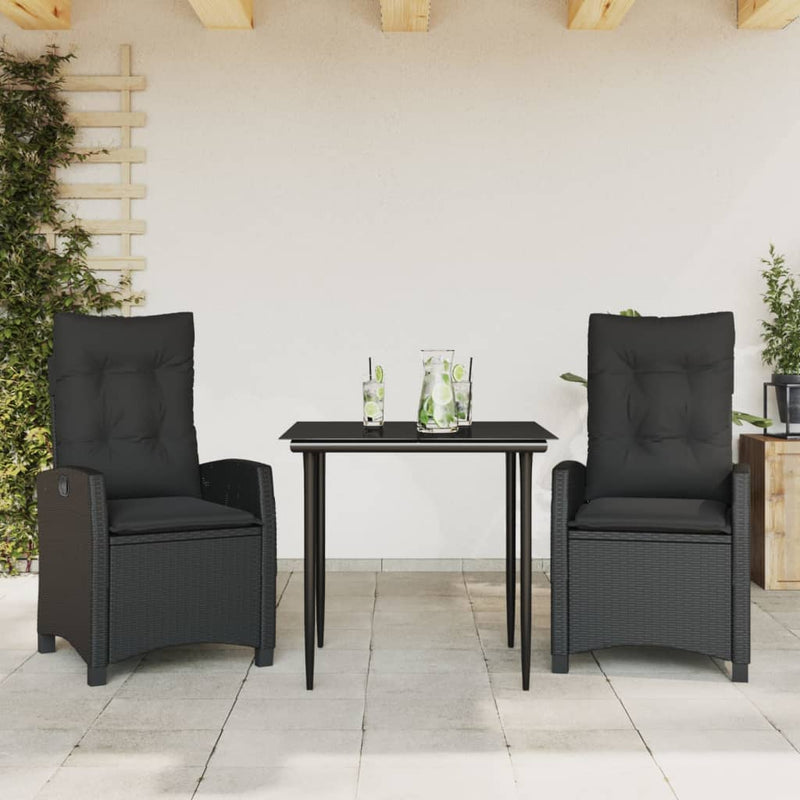 vidaXL 3 Piece Garden Dining Set with Cushions Black Poly Rattan