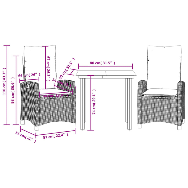 vidaXL 3 Piece Garden Dining Set with Cushions Black Poly Rattan