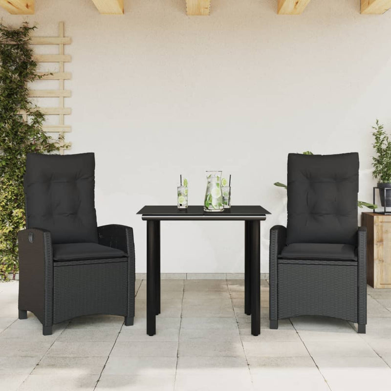 vidaXL 3 Piece Garden Dining Set with Cushions Black Poly Rattan