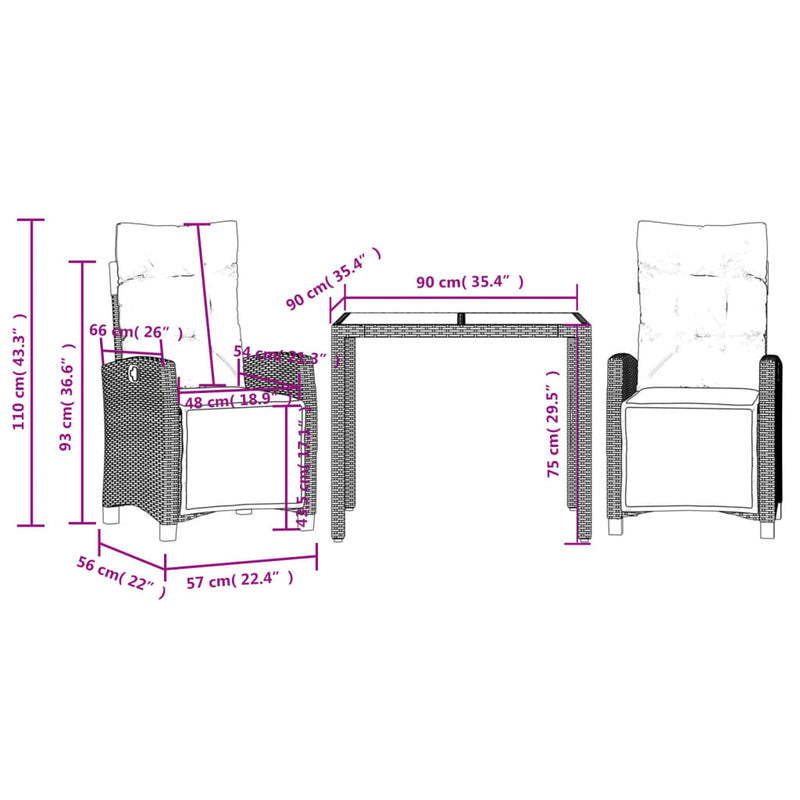 vidaXL 3 Piece Garden Dining Set with Cushions Black Poly Rattan