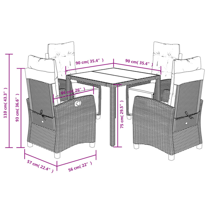 vidaXL 5 Piece Garden Dining Set with Cushions Black Poly Rattan