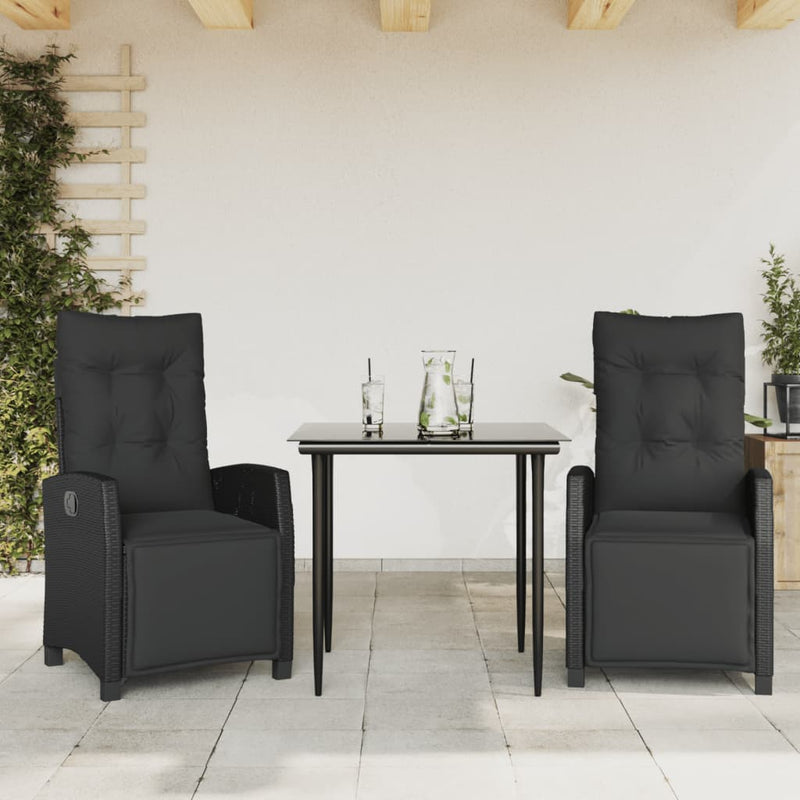 vidaXL 3 Piece Garden Dining Set with Cushions Black Poly Rattan
