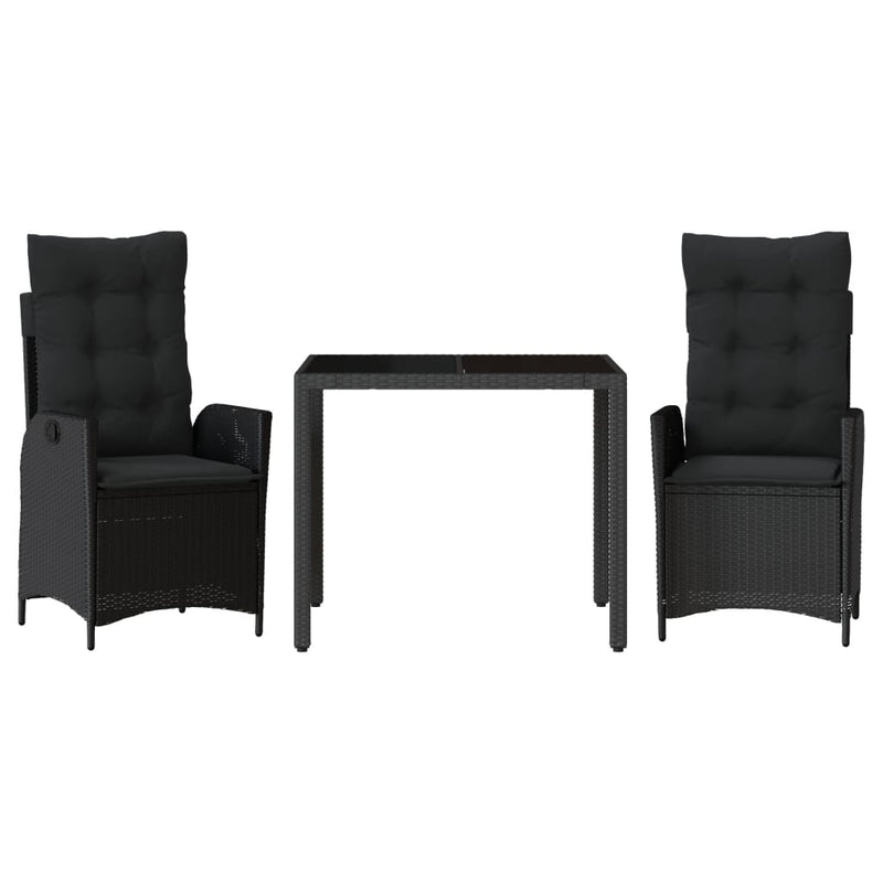 vidaXL 3 Piece Garden Dining Set with Cushions Black Poly Rattan