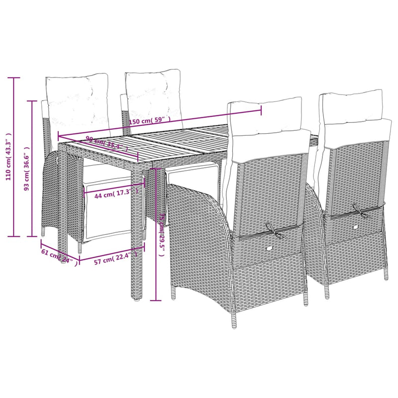 vidaXL 5 Piece Garden Dining Set with Cushions Black Poly Rattan