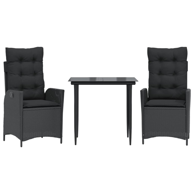 vidaXL 3 Piece Garden Dining Set with Cushions Black Poly Rattan