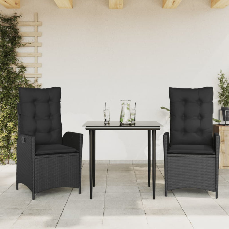 vidaXL 3 Piece Garden Dining Set with Cushions Black Poly Rattan