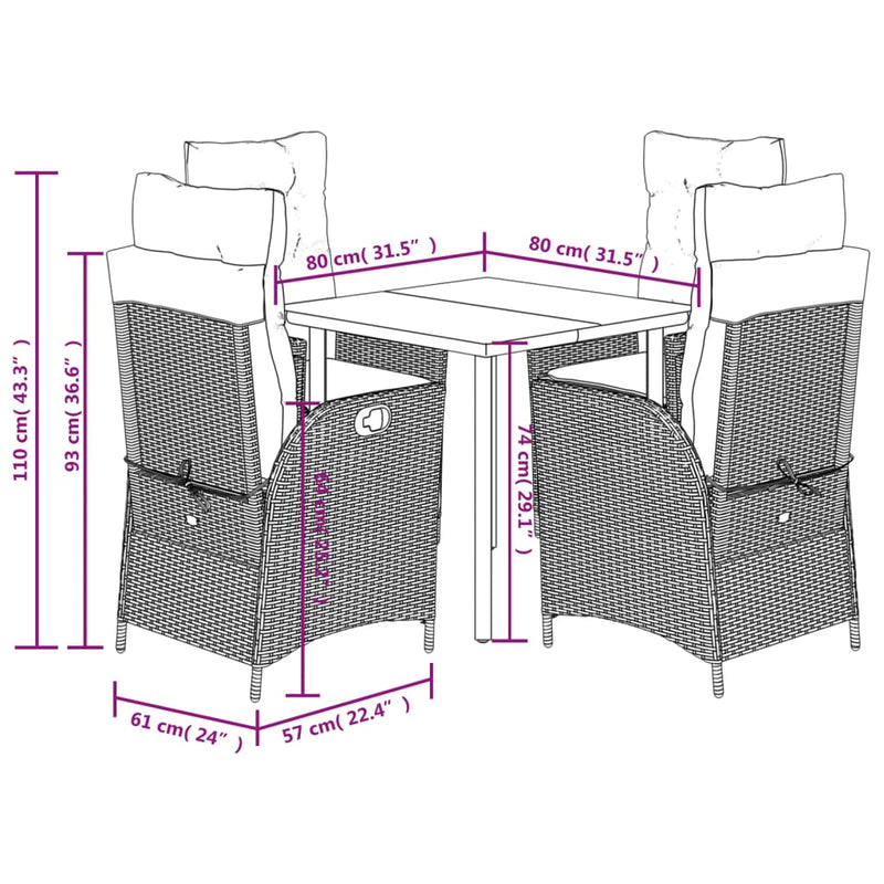 vidaXL 5 Piece Garden Dining Set with Cushions Black Poly Rattan