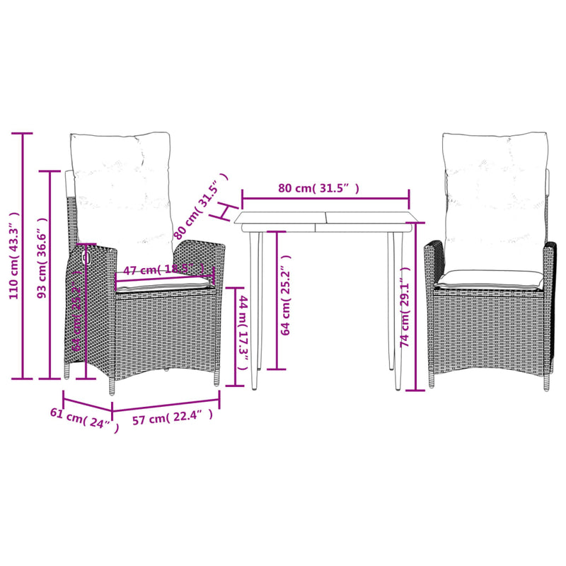 vidaXL 3 Piece Garden Dining Set with Cushions Grey Poly Rattan