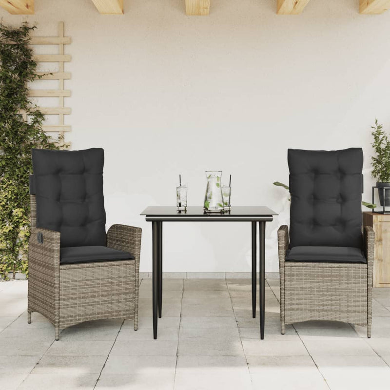 vidaXL 3 Piece Garden Dining Set with Cushions Grey Poly Rattan
