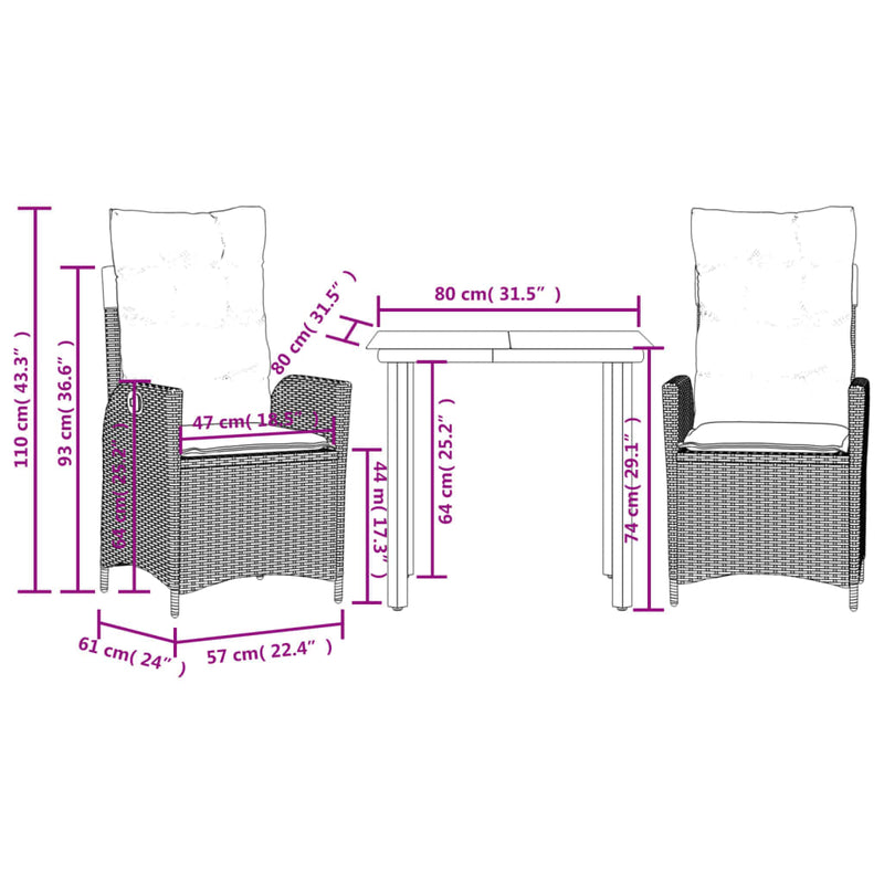 vidaXL 3 Piece Garden Dining Set with Cushions Grey Poly Rattan