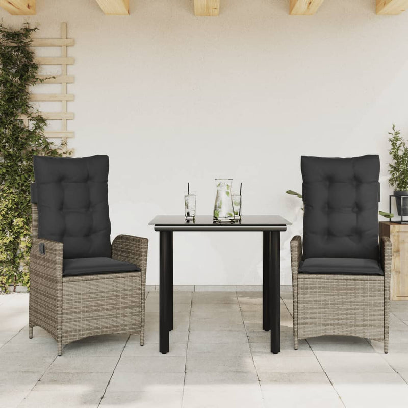 vidaXL 3 Piece Garden Dining Set with Cushions Grey Poly Rattan