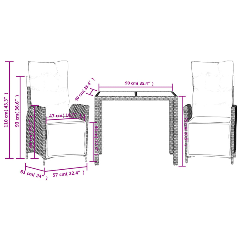 vidaXL 3 Piece Garden Dining Set with Cushions Black Poly Rattan