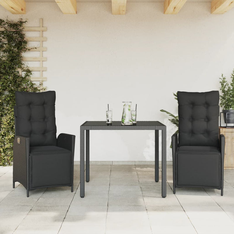 vidaXL 3 Piece Garden Dining Set with Cushions Black Poly Rattan