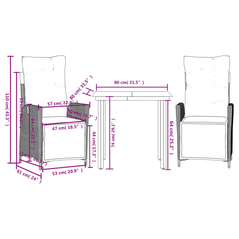 vidaXL 3 Piece Garden Dining Set with Cushions Black Poly Rattan