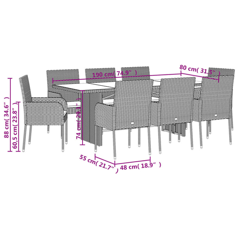 vidaXL 9 Piece Garden Dining Set with Cushions Black Poly Rattan
