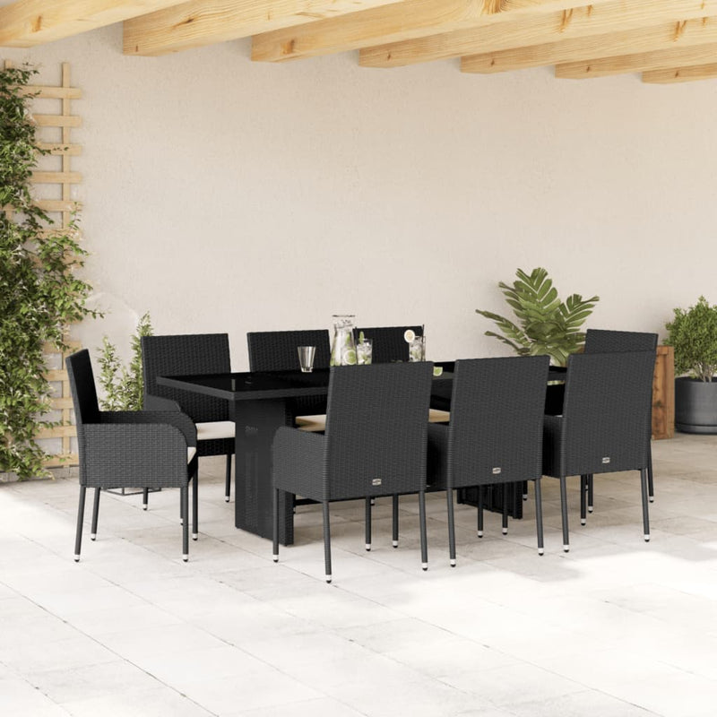 vidaXL 9 Piece Garden Dining Set with Cushions Black Poly Rattan