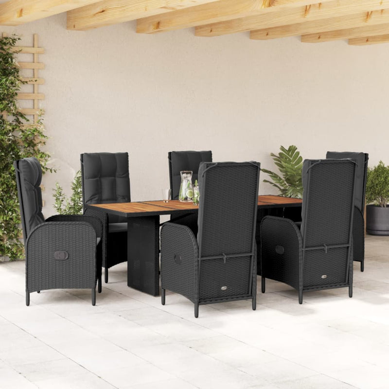 vidaXL 7 Piece Garden Dining Set with Cushions Black Poly Rattan