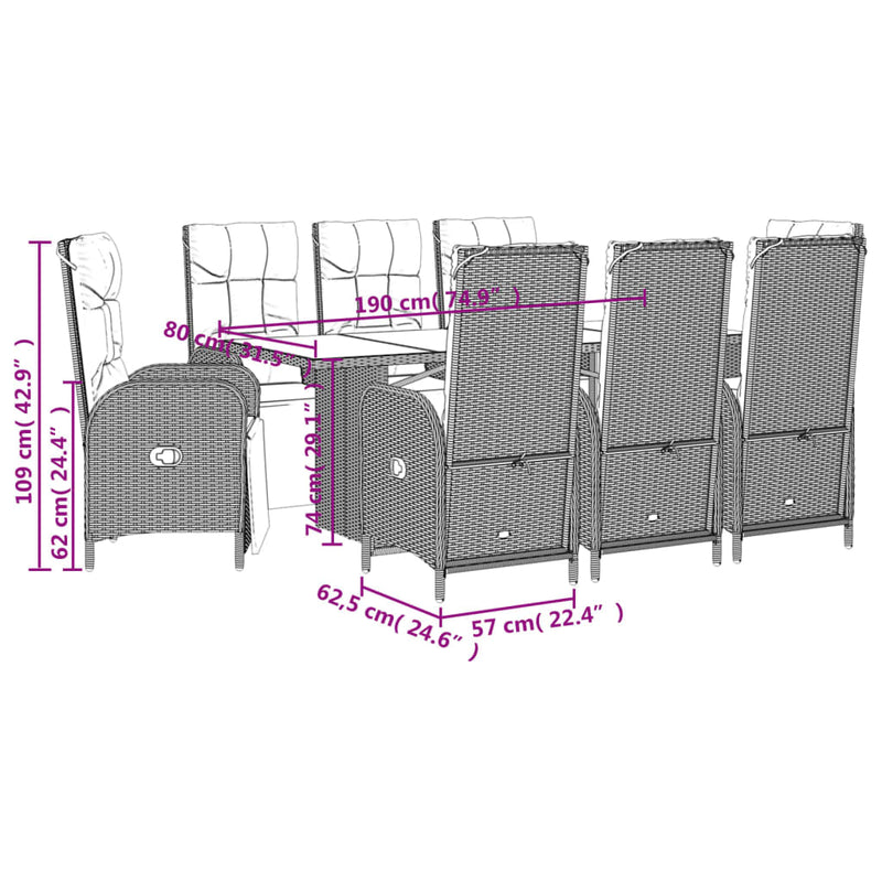 vidaXL 9 Piece Garden Dining Set with Cushions Black Poly Rattan