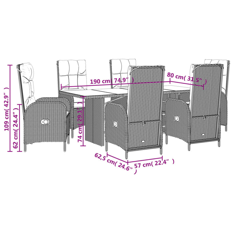 vidaXL 7 Piece Garden Dining Set with Cushions Grey Poly Rattan