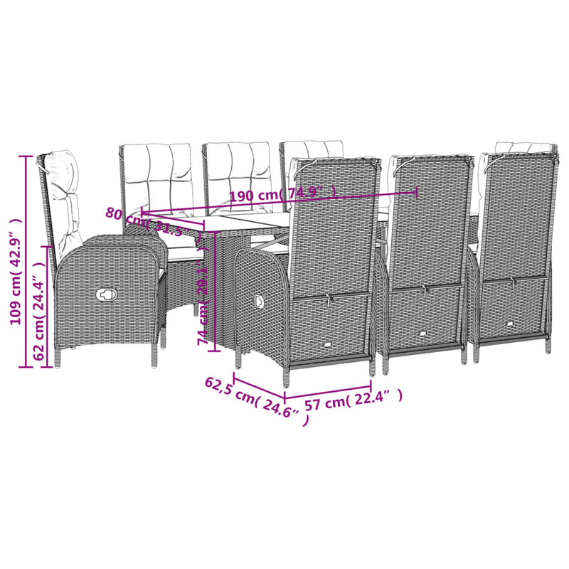 vidaXL 9 Piece Garden Dining Set with Cushions Grey Poly Rattan