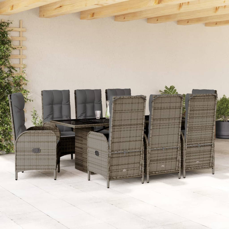 vidaXL 9 Piece Garden Dining Set with Cushions Grey Poly Rattan