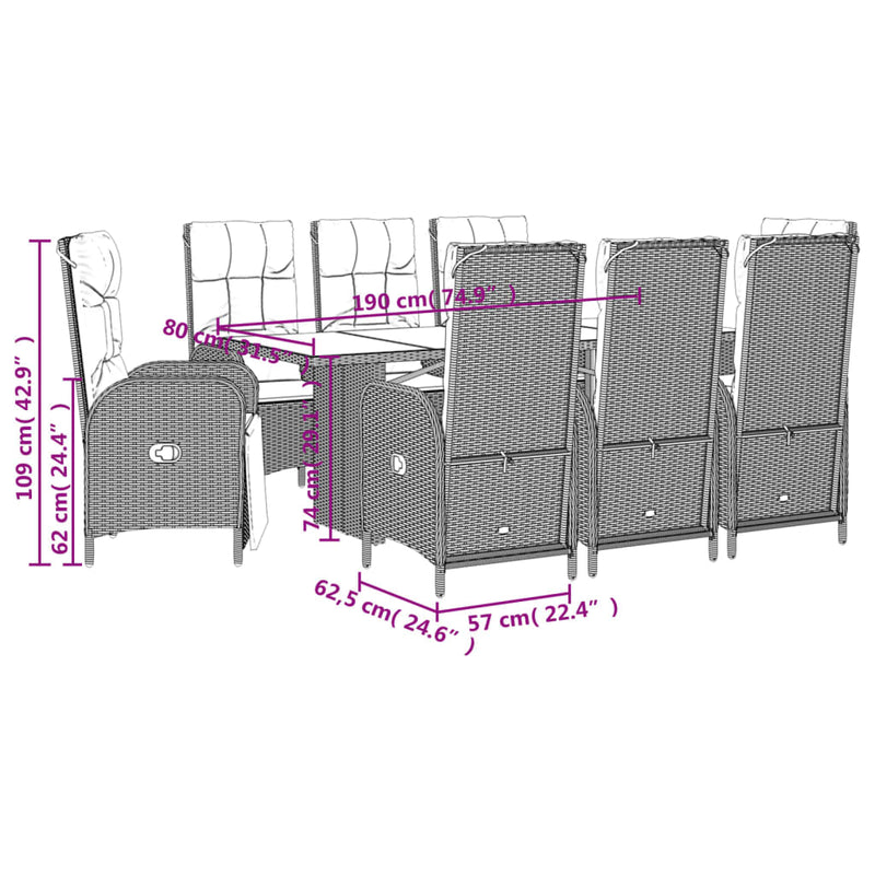 vidaXL 9 Piece Garden Dining Set with Cushions Grey Poly Rattan