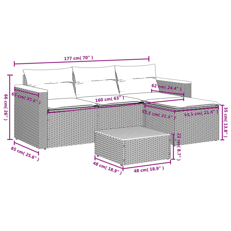 5 Piece Garden Sofa Set with Cushions Grey Poly Rattan Acacia