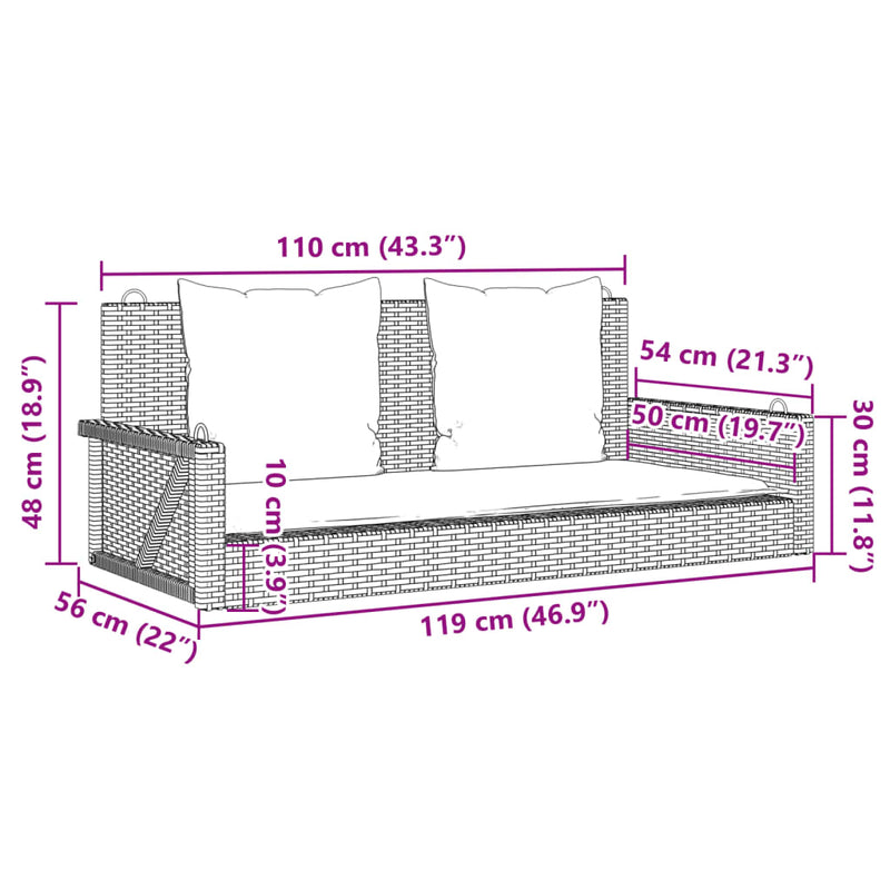 vidaXL Swing Bench with Cushions Grey 119x56x48 cm Poly Rattan
