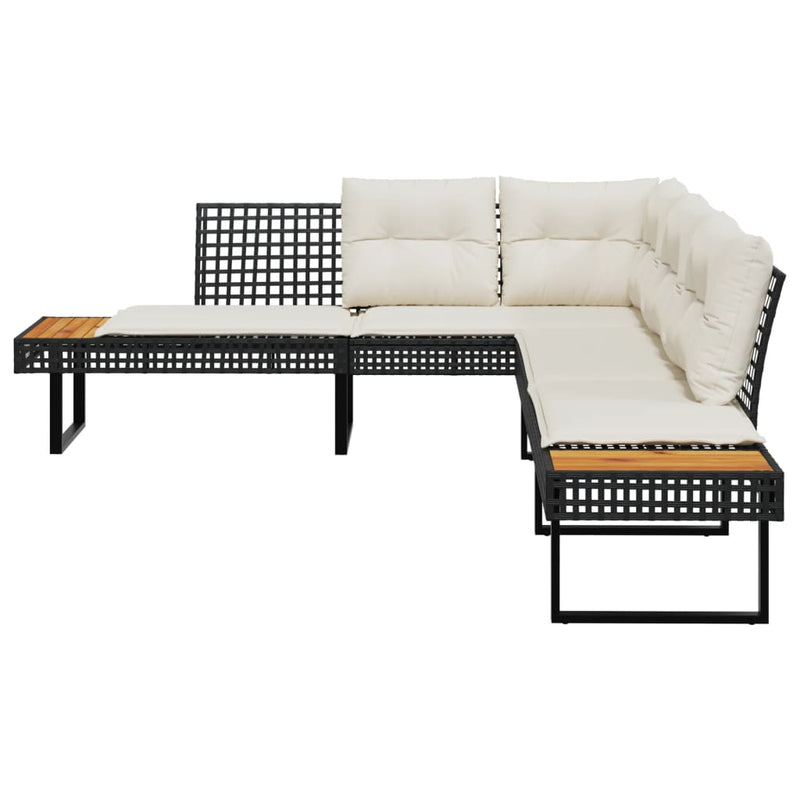 Garden Sofa with Cushions L-shaped Black Poly Rattan and Acacia