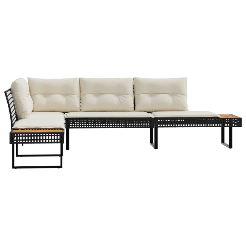 vidaXL Garden Sofa with Cushions L-shaped Black Poly Rattan and Acacia