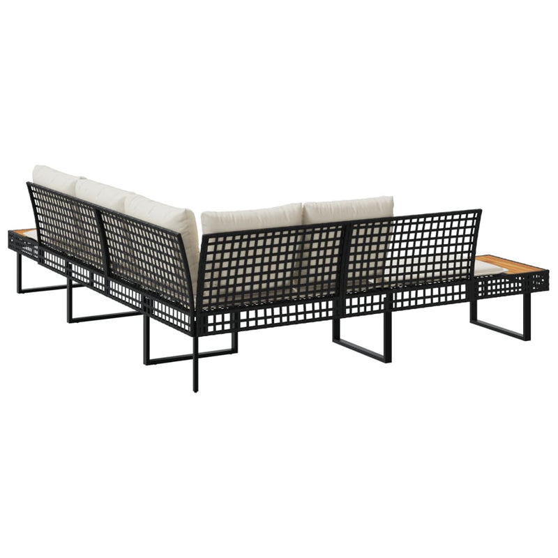 Garden Sofa with Cushions L-shaped Black Poly Rattan and Acacia