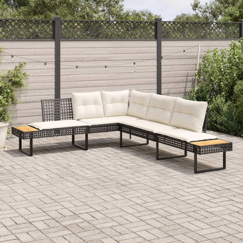 Garden Sofa with Cushions L-shaped Black Poly Rattan and Acacia